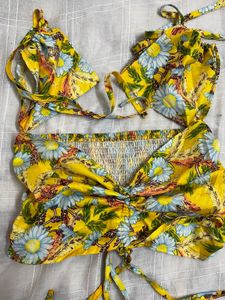 Yellow Floral Tie-Up Bikini Top