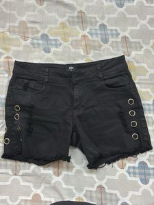 Stylish Black Denim Shorts with Eyelet Detail