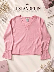 PINK V-NECK CROCHET TRIM KNIT TOP