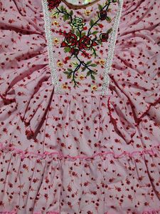 Pure Cotton Pink Floral Kurta with Embroidered Nec