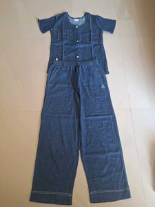 Denim Two-Piece Set - Top & Wide Leg Pants