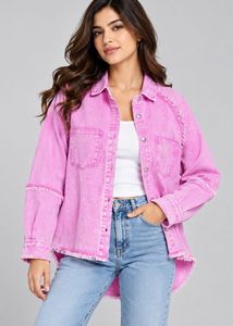 Frayed Hem Pink Denim Shirt
