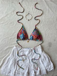 Boho Print Bikini Top & White Skirt Set