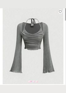 Grey Ruched Bell Sleeve Crop Top