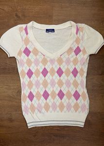 Authentic Burberry Pink Argyle V-Neck Sweater Top