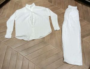 Cozy Textured White Shirt Trouser  Set