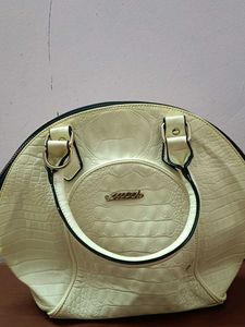 Cream Croc-Textured Dome Satchel Handbag