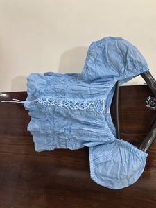 Blue Puff Sleeve Lace-Up Crop Top