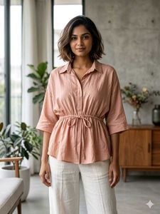 Pink Peplum Blouse with Tie Detail