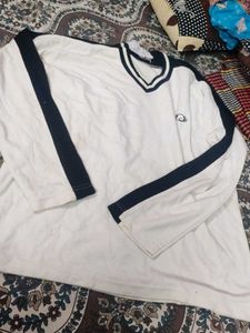 White Long Sleeve T-Shirt with Navy Stripes
