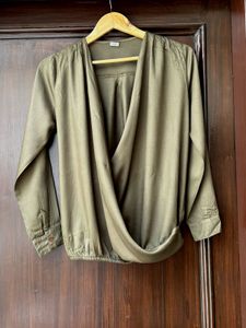 Olive Green Drape Front Label Life Top