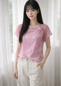 Pink Sheer Organza Top with Pearl Neckline | Size