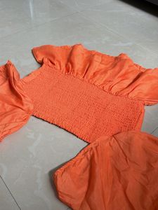 Orange Square Neck Puff Sleeve Top