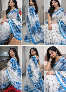 White saree with blue floral design beautifully ca