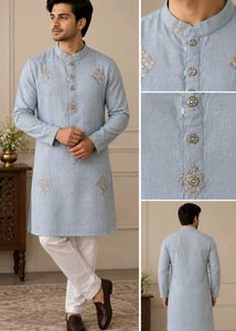 Men's Powder Blue Embroidered Kurta