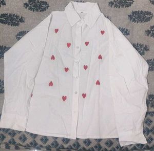 White Heart Print Button-Up Shirt