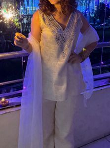 Elegant Beige Kurta Set with Mirror Work