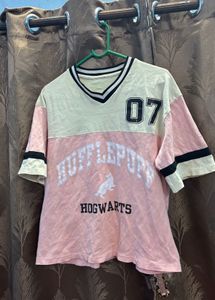 Off white And Pink Down Shoulder Tshirt
