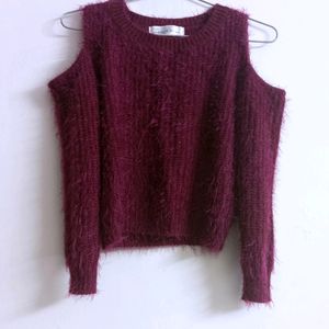 Burgundy Cold Shoulder Fuzzy Knit