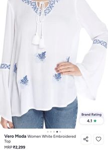 Vero Moda White Embroidered Bell Sleeve Top