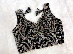 Sleeveless Embroidered Black Blouse