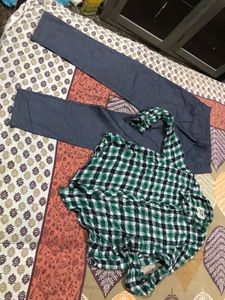 Stylish Blue Pants and Green Checkered Shirt