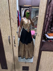 60 lines black chaniya golden mirror work blouse