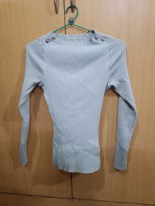 Light Blue Ribbed Button Shoulder Top