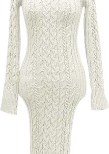 Cream Cable Knit Turtleneck Sweater Dress