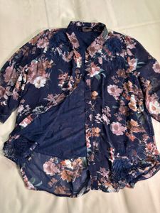 Navy Floral Print Sheer Blouse
