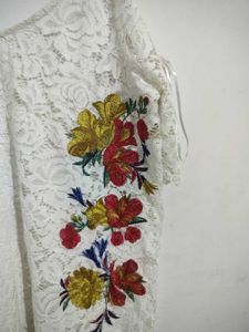 White Lace Cold Shoulder Top with Floral Embroider