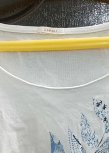 White T-Shirt with Blue Leaf Print
