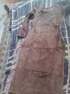 Embellished Brown Velvet Kurta Set
