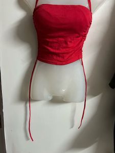 Red Halter Neck Ruched Crop Top