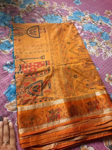 Vibrant Orange and Blue Silk Saree
