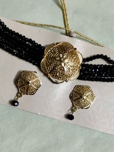 Black Beaded Choker Necklace with Earrings