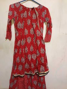 Red Printed Kurta with Drawstring Neck