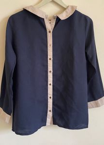 Navy Blue Collared Button-Up Blouse