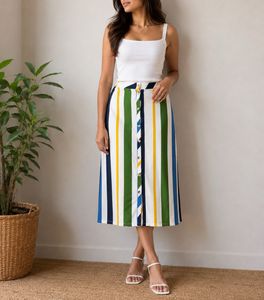 Striped Button-Front Midi Skirt