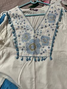 Elegant White &amp; Blue Kurta Set with Embroidery