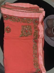Beautiful Embroidered Peach Saree with Blouse