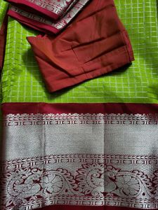 Vibrant Green Silk Saree with Silver Border