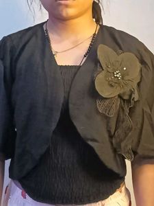 Chic Black Bolero Jacket with Flower Detail