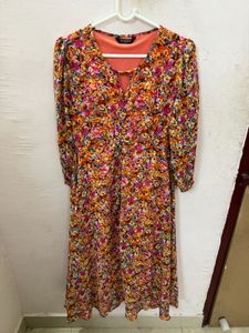 Vibrant orange Floral Midi Dress