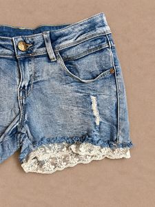 Distressed Denim Shorts with Lace Trim