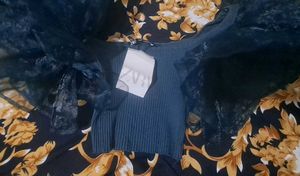 Zara Blue Ribbed Puff Sleeve Top