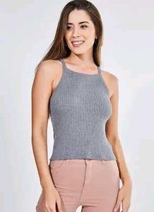 Gray Ribbed Halter Tank Top