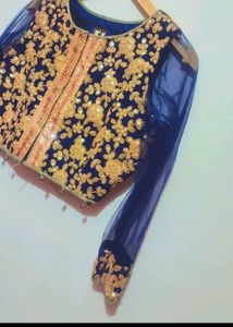 Navy Blue Blouse &amp; Golden Skirt Set For 36 Bust