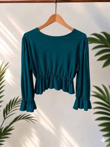 🌿 Midnight Green Ruffled Peplum Crop Top