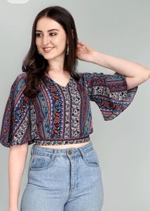 Boho Print Bell Sleeve Crop Top